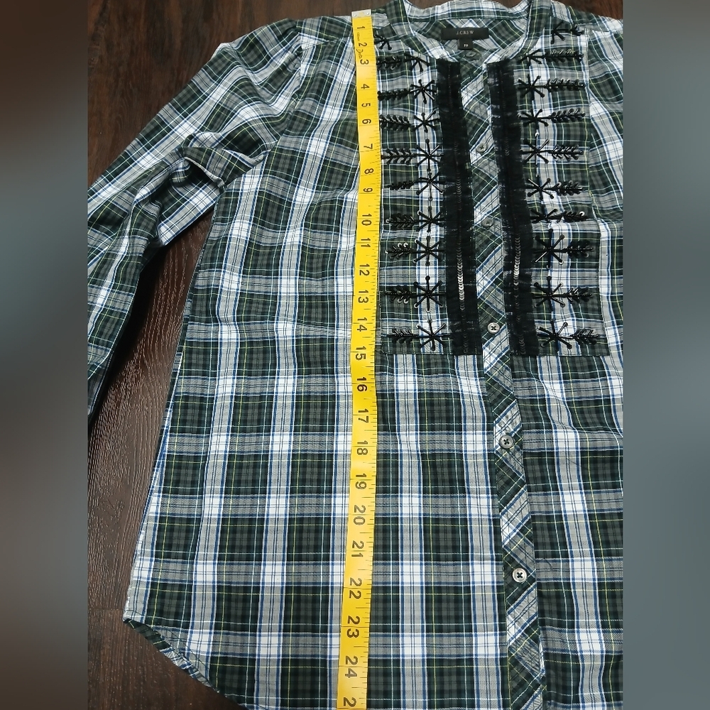 J. Crew Green and Black Plaid Ruffle-Front Button Shirt - Picture 6 of 9